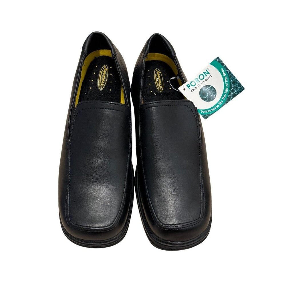 NWOB Safetrax Womens 7.5 Black Leather Slip-On Dress Shoes With‎ PORON Insoles &